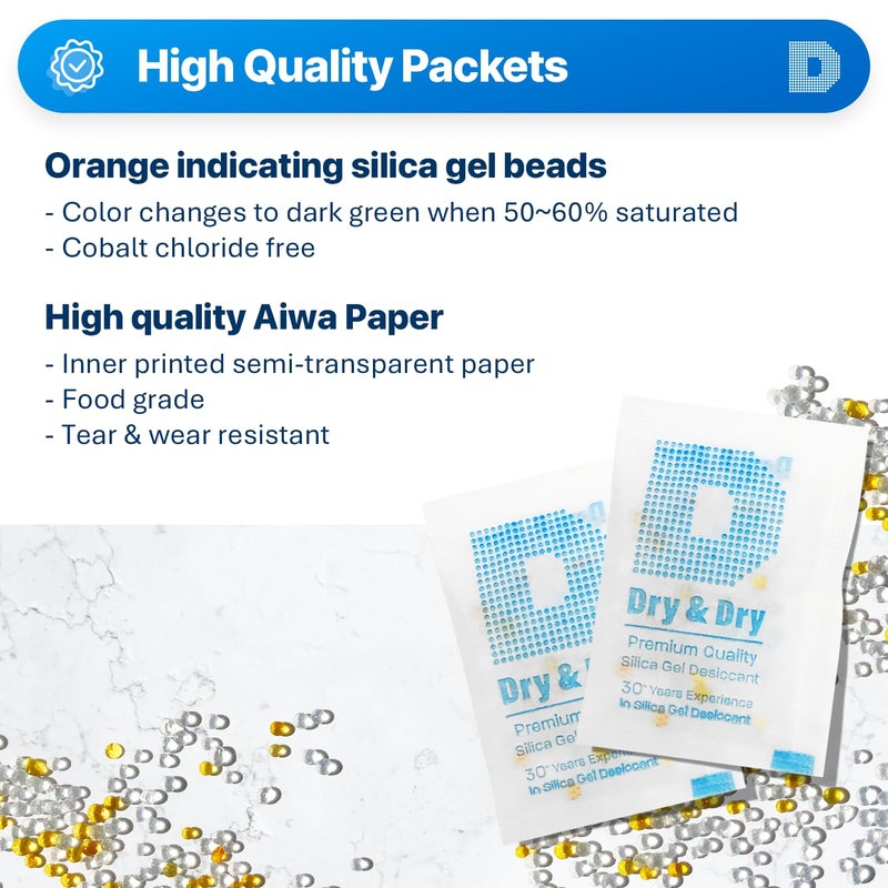 Dry & Dry Indicating Silica Gel Packets Desiccants - Food Safe Silica Packs, Silica Gel Packets, Desiccant Packs for Food Storage - Orange & White - 100 Packets (5 Gram) - Image 2